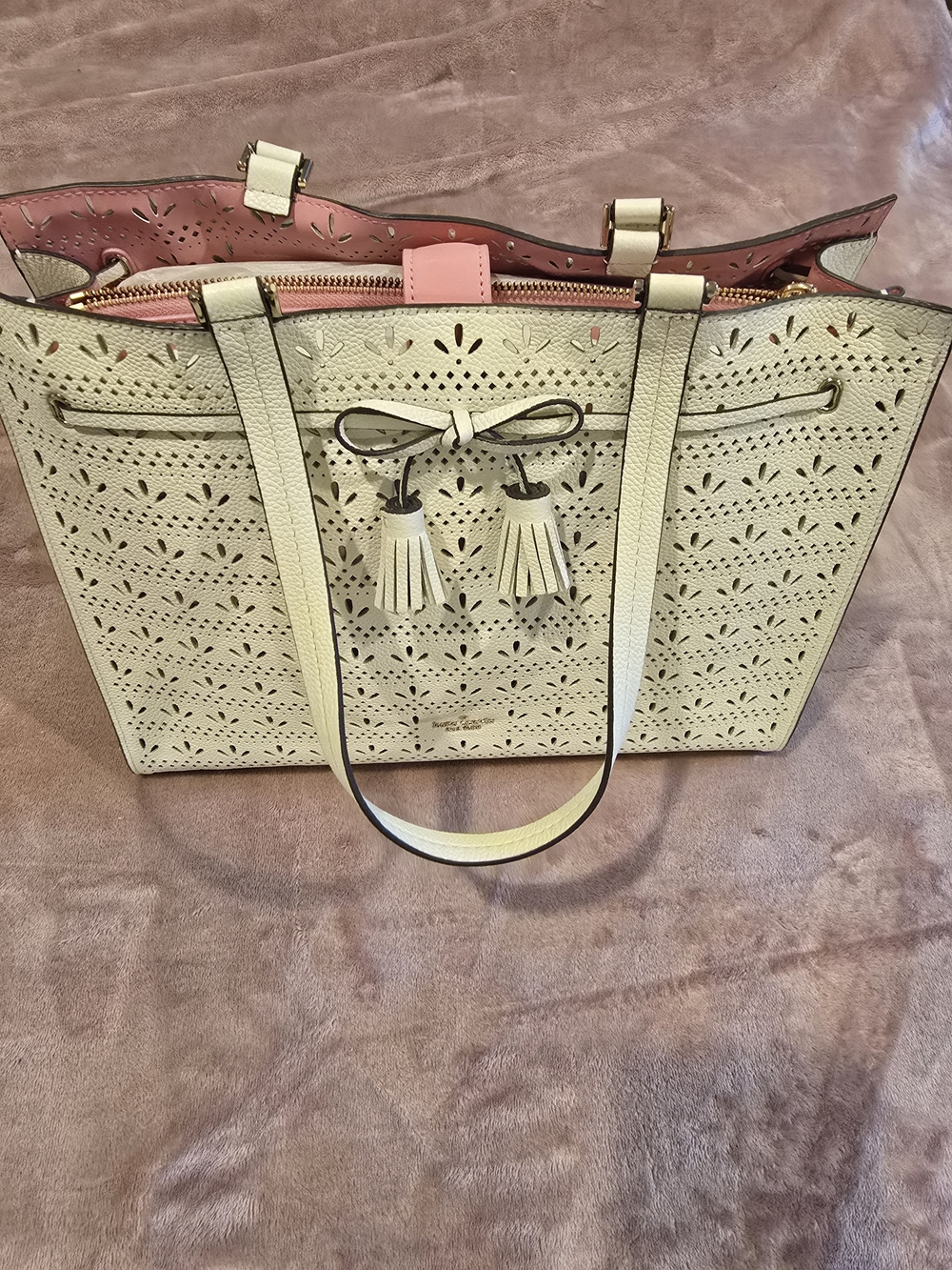 kate spade Cream Perforated Tote with Pink Liner and Tassels